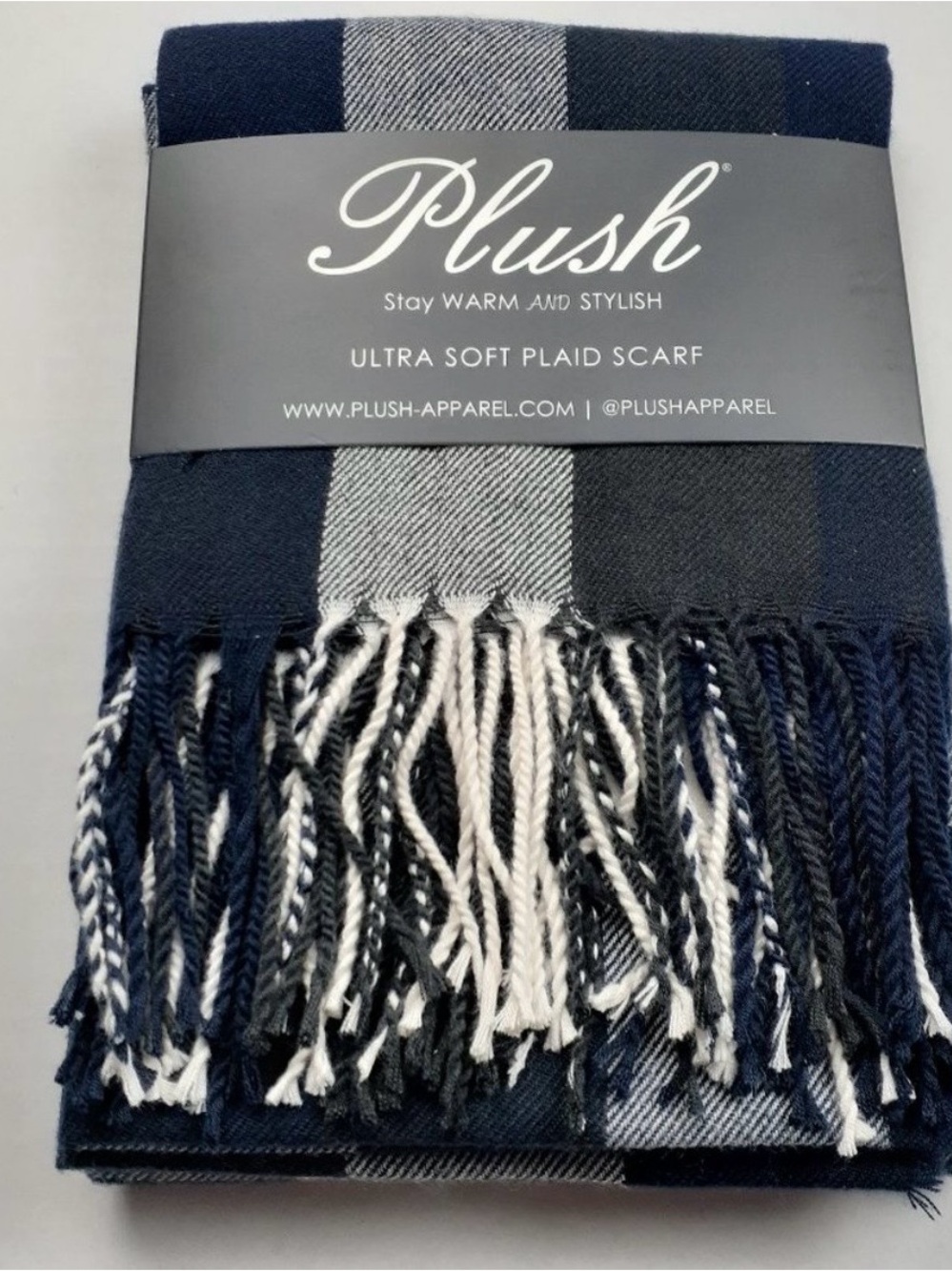 Plush Ultra Soft Plaid Scarf in Navy, Charcoal & White